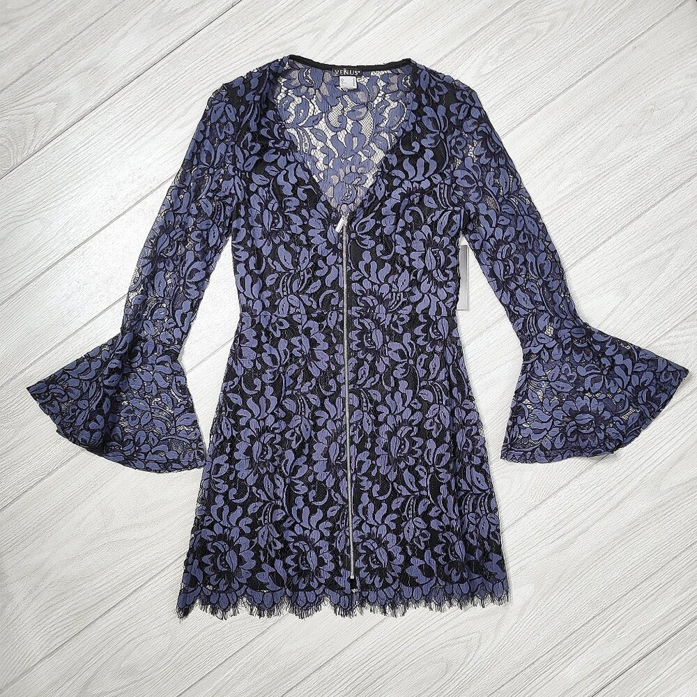 New Blue Lace Dress Long Bell Sleeve Witchy Mini Party Cocktail V-Neck M 6 Venus